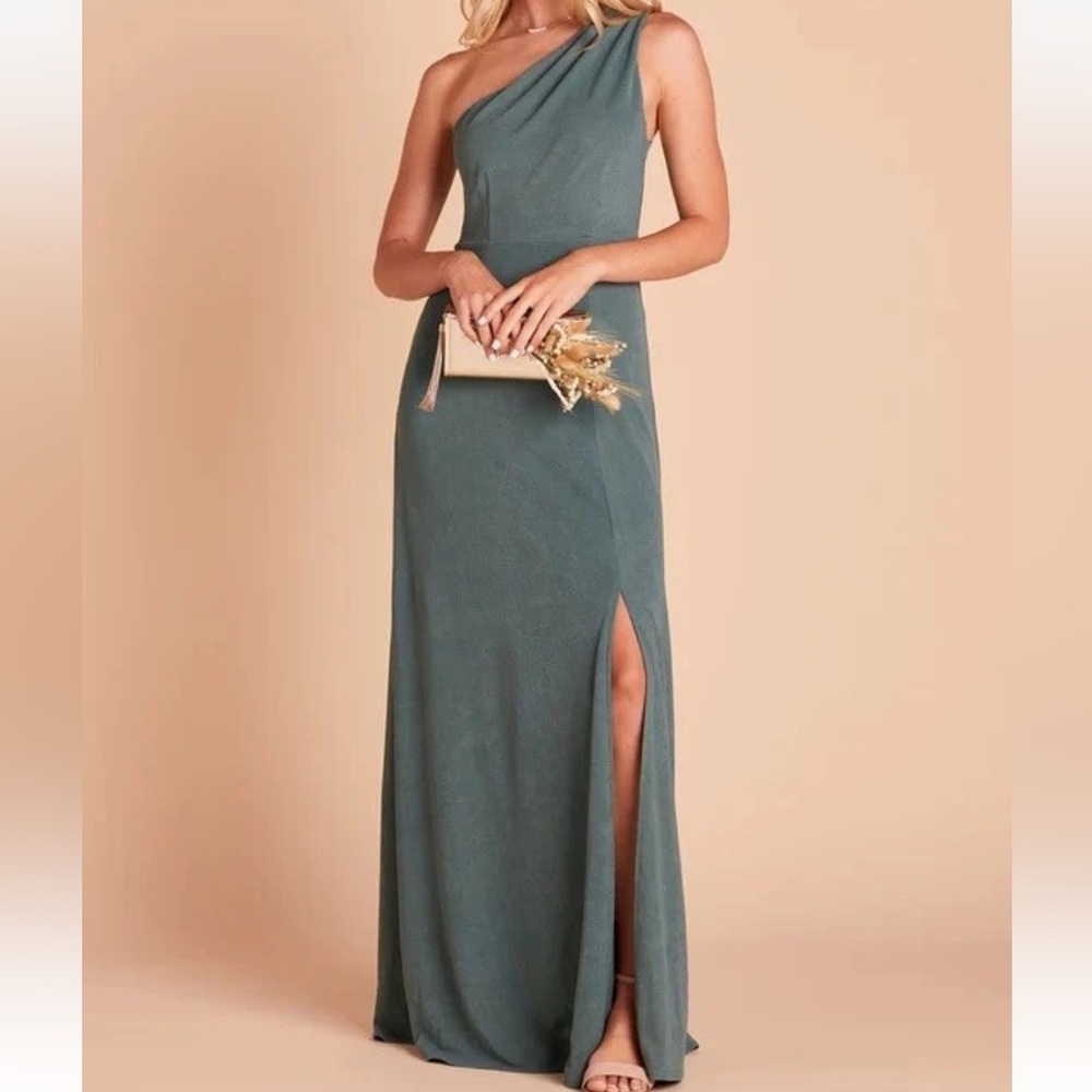 Birdy Grey Kira Crepe One‎ Shoulder See Glass Green Side Slit Maxi Dress